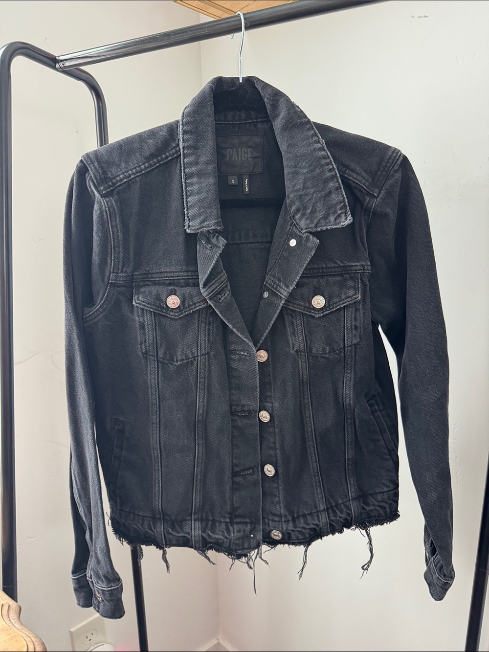 PAIGE Black Washed Distressed Denim Jacket - Women's